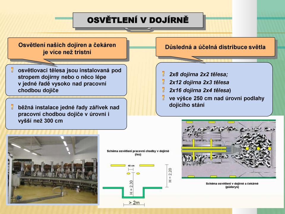 chodbou dojiče běžná instalace jedné řady zářivek nad pracovní chodbou dojiče v úrovni i vyšší než 300 cm 2x8