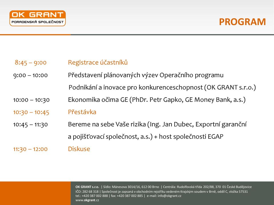 Petr Gapko, GE Money Bank, a.s.) 10:30 10:45 Přestávka 10:45 11:30 Bereme na sebe Vaše rizika (Ing.