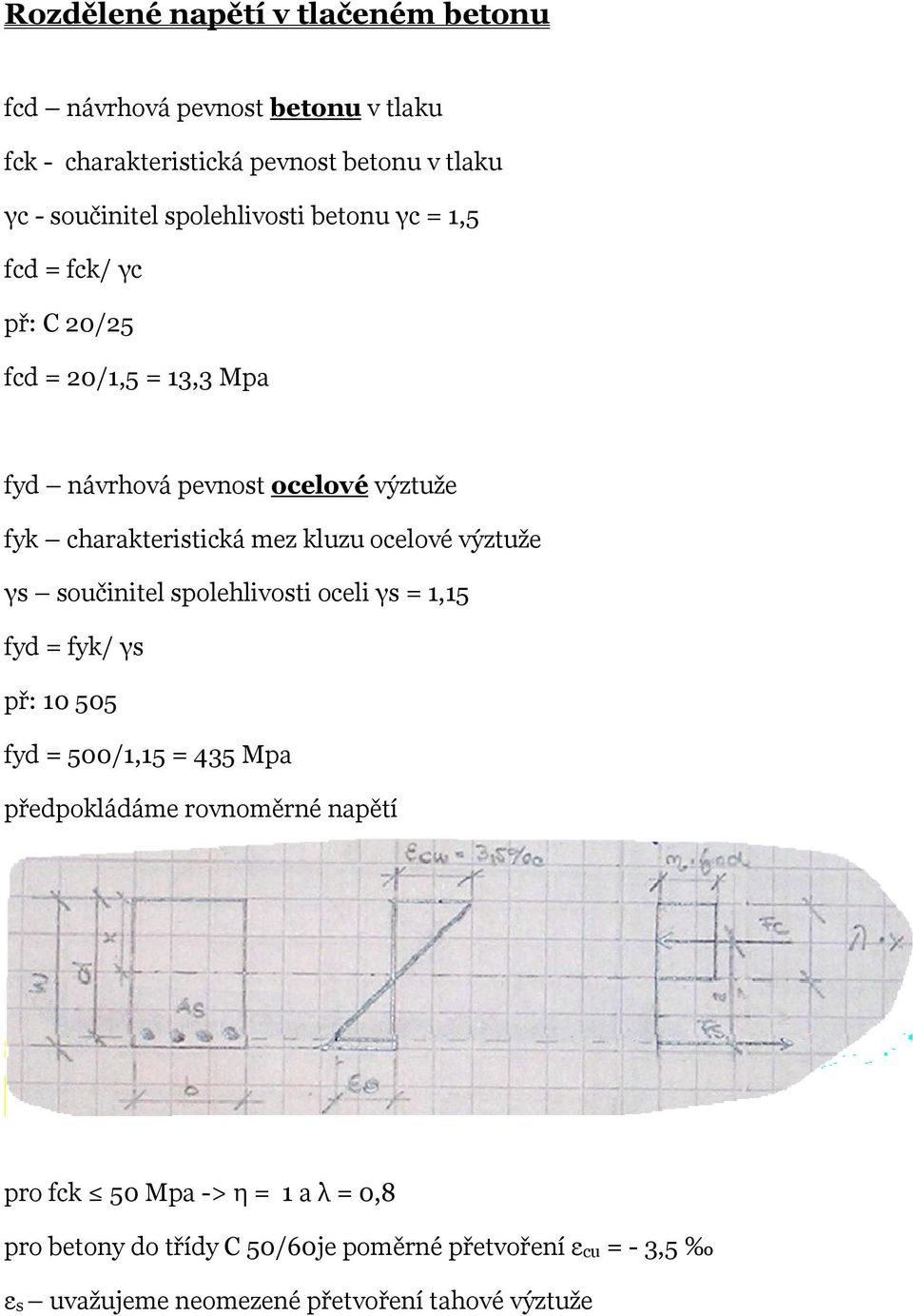 kluzu ocelové výztuže γs součinitel spolehlivosti oceli γs = 1,15 fyd = fyk/ γs př: 10 505 fyd = 500/1,15 = 435 Mpa předpokládáme rovnoměrné