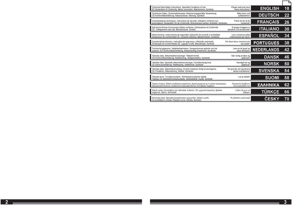 Branchement secteur, Entretien, Symboles Dati tecnici,norme di sicurezza,utilizzo conforme, Dicharazione di Conformità CE, Collegamento alla rete, Manutenzione, Simboli Datos técnicos, Instrucciones