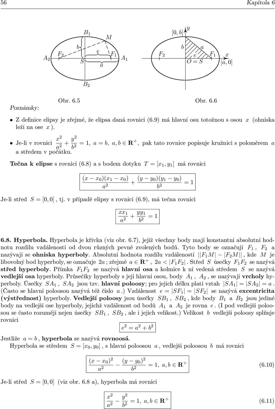 8) a s bodem dotku T = [ 1, 1 ] má rovnici ( 0 )( 1 0 ) a + ( 0)( 1 0 ) b = 1 Je-li střed S = [0, 0], tj. v případě elips s rovnicí (6.9), má tečna rovnici 1 a + 1 b = 1 6.8. Hperbola.