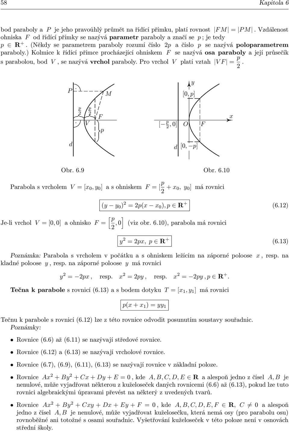 ) Kolmice k řídící přímce procházející ohniskem F se nazývá osa parabol a její průsečík s parabolou, bod V, se nazývá vrchol parabol. Pro vrchol V platí vztah V F = p.