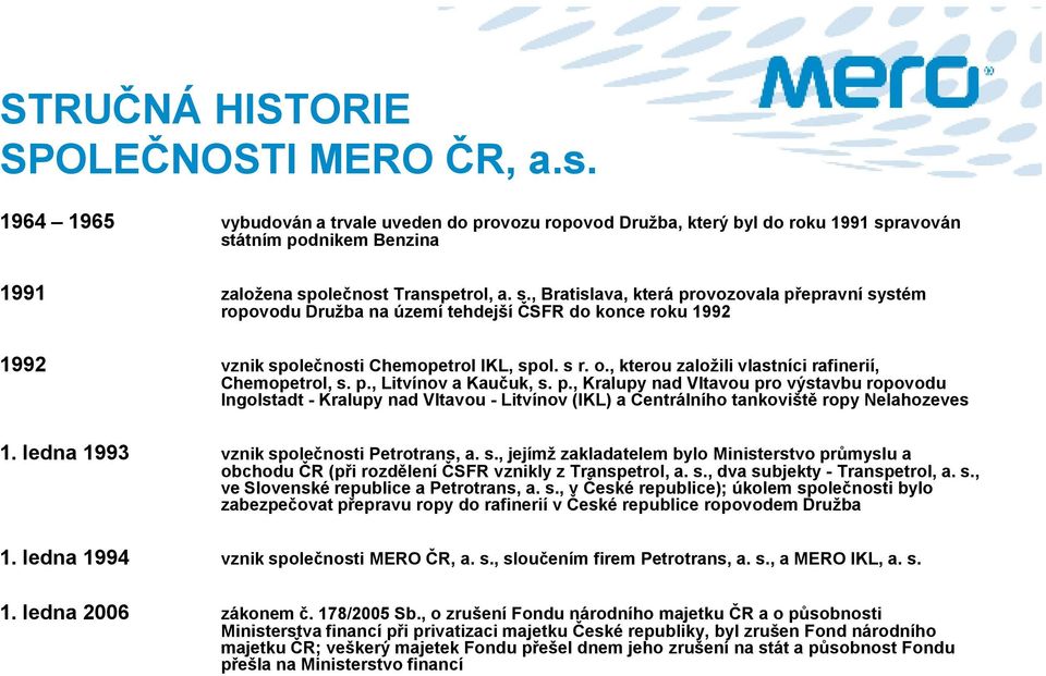 ravován státním podnikem Benzina 1991 založena společnost Transpetrol, a. s., Bratislava, která provozovala přepravní systém ropovodu Družba na území tehdejší ČSFR do konce roku 1992 1992 vznik společnosti Chemopetrol IKL, spol.