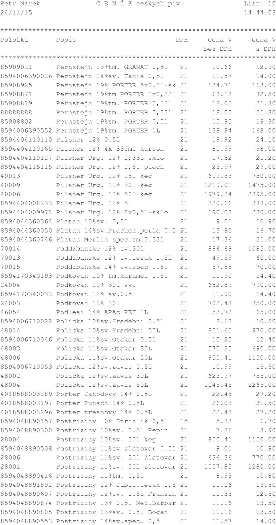 PORTER 0,5l 21 15.95 19.30 8594006390552 Pernstejn 19%tm. PORTER 1L 21 138.84 168.00 8594404110110 Pilsner 12% 0.5l 21 19.92 24.10 8594404110165 Pilsner 12% 4x 330ml karton 21 80.99 98.
