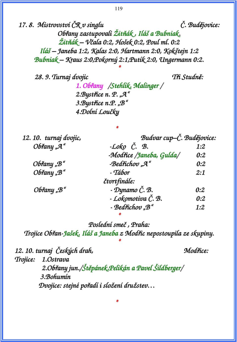 Bystřice n.p. B 4.Dolní Loučky 12. 10. turnaj dvojic, Budvar cup Č. Budějovice: Obřany A -Loko Č. B. 1:2 -Modřice /Janeba, Gulda/ 0:2 Obřany B -Bedřichov A 0:2 Obřany B - Tábor 2:1 čtvrtfinále: Obřany B - Dynamo Č.