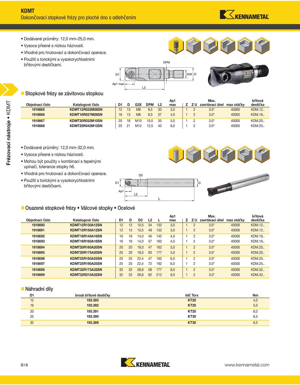 zavrtávací úhel max otáčky břitová destička 1918665 KDMT12R032M08SN 12 13 M8 8,5 30 3,0 1 2 3.0 40000 KDM.12.. 1918666 KDMT16R037M08SN 16 13 M8 8,5 37 4,0 1 2 3.0 40000 KDM.16.. 1918667 KDMT20R032M10SN 20 18 M10 10,5 35 5,0 1 2 3.