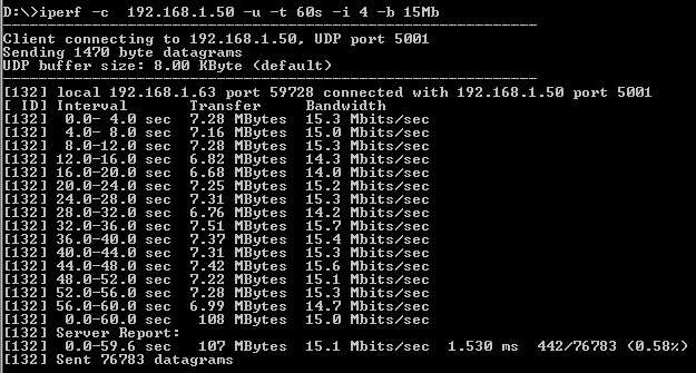obrázku 7.3 a 7.4. Propustnost se pohybovala okolo 15 Mbit/s, zpoždění mezi 1 až 5 ms a ztrátovost paketů kolísala pod hodnotou 1%. Obr. 7.4: Propustnost sítě Wi-Fi při šířce pásma 15 Mbit/s test č.