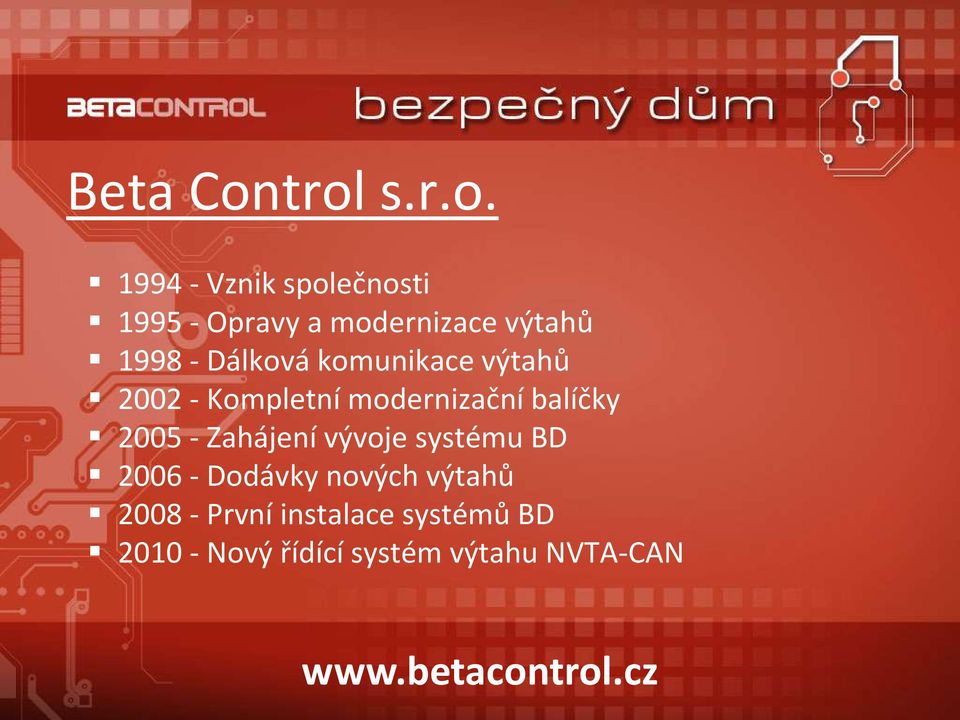 1998 - Dálková komunikace výtahů 2002 - Kompletní modernizační balíčky