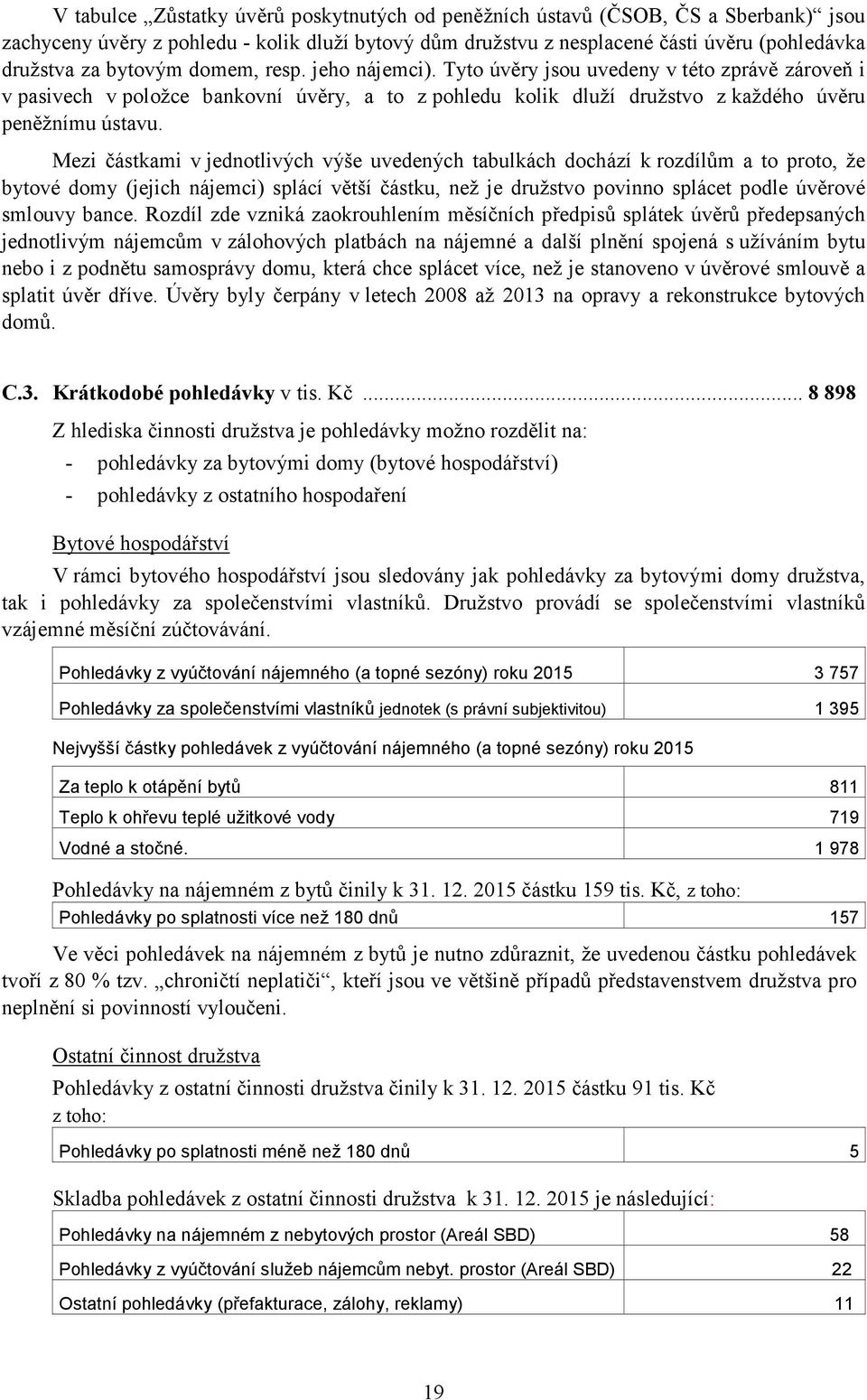 Mezi částkami v jednotlivých výše uvedených tabulkách dochází k rozdílům a to proto, že bytové domy (jejich nájemci) splácí větší částku, než je družstvo povinno splácet podle úvěrové smlouvy bance.