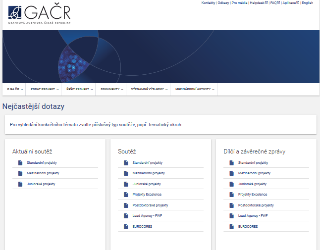 FAQ GA ČR má pro navrhovatele i pracovníky grantových oddělení na svém webu sekci pro odpovědi na nejčastější dotazy ve formě FAQ, která je neustále doplňována o nové