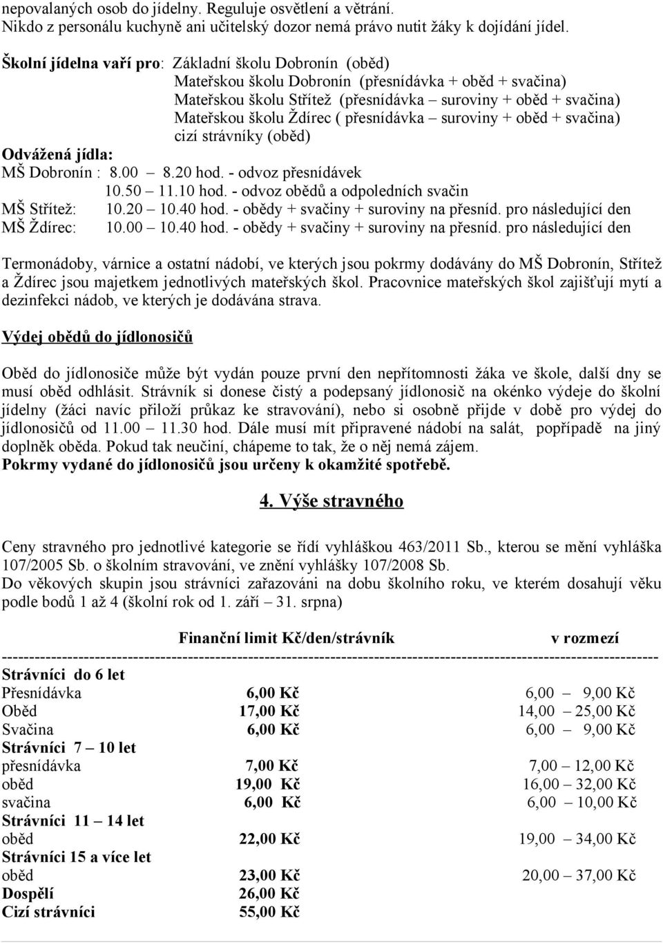 ( přesnídávka suroviny + oběd + svačina) cizí strávníky (oběd) Odvážená jídla: MŠ Dobronín : 8.00 8.20 hod. - odvoz přesnídávek 10.50 11.10 hod. - odvoz obědů a odpoledních svačin MŠ Střítež: 10.