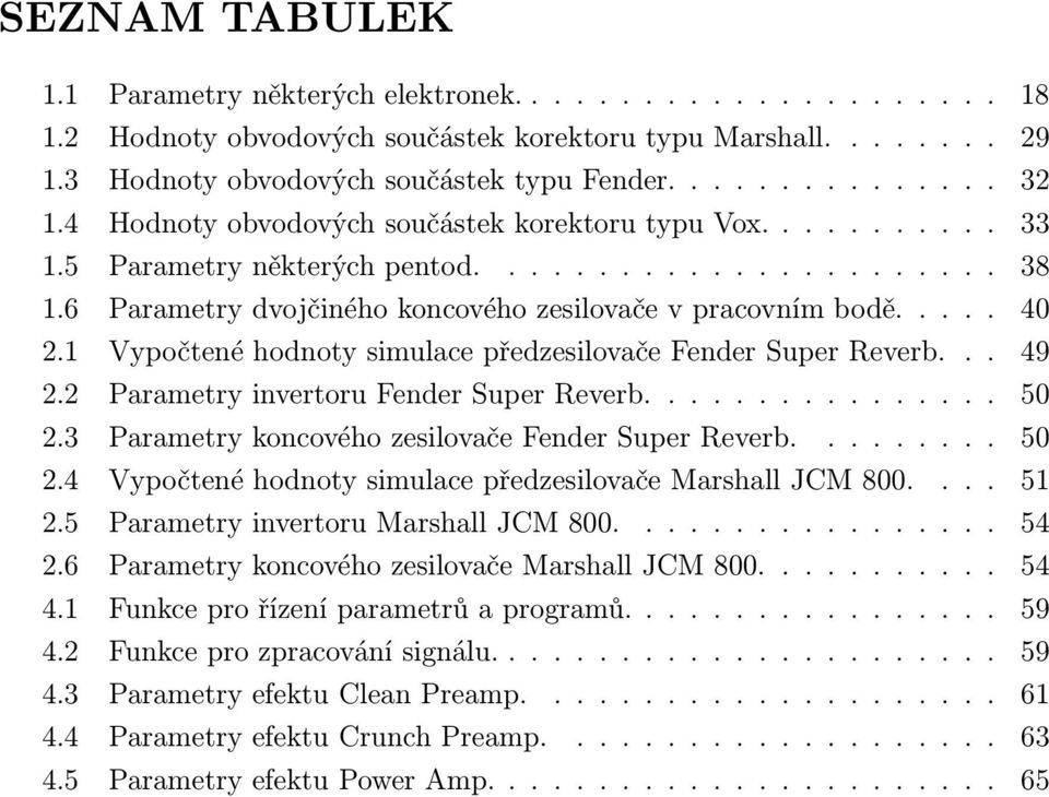 1 Vypočtené hodnoty simulace předzesilovače Fender Super Reverb... 49 2.2 Parametry invertoru Fender Super Reverb................ 50 2.3 Parametry koncového zesilovače Fender Super Reverb......... 50 2.4 Vypočtené hodnoty simulace předzesilovače Marshall JCM 800.