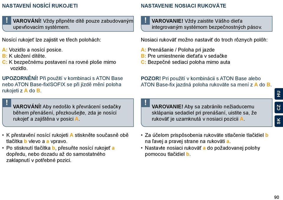 C: K bezpečnému postavení na rovné ploše mimo vozidlo. Upozornění! Při použití v kombinaci s ATON Base nebo ATON Base-fixISOFIX se při jízdě mění poloha rukojeti z A do B.