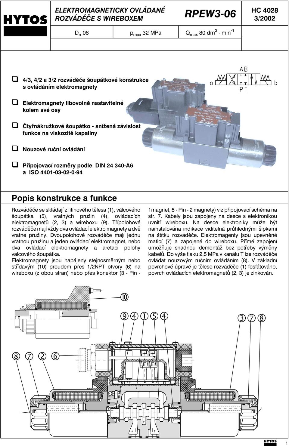 4401-03-02-0-94 Popis konstrukce a funkce Rozváděče se skládají z litinového tělesa (1), válcového šoupátka (5), vratných pružin (4), ovládacích elektromagnetů (2, 3) a wireboxu (9).