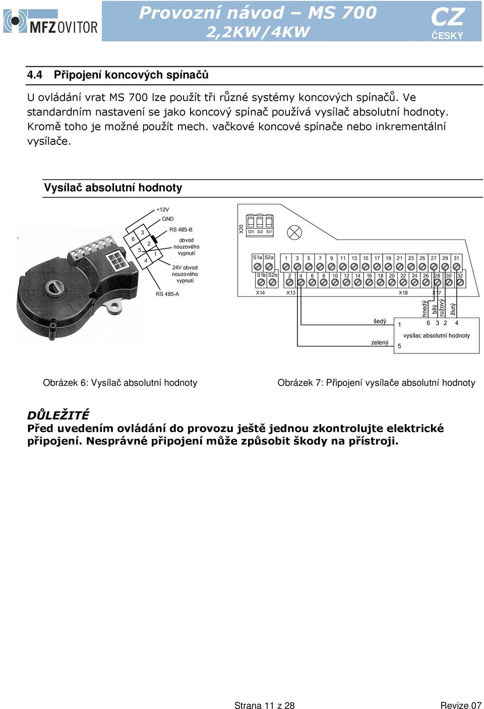 Vysílač absolutní hodnoty +12V 1 4 24V obvod nouzového vypnutí S1a S2a S1b S2b X14 1 3 2 5 4 7 6 9 8 10 11 12 13 14 15 17 16 19 18 X13 20 21 23 22 24 25 27 26 X18 šedý 1 29 28 31 30 32 X17 hnedý RS