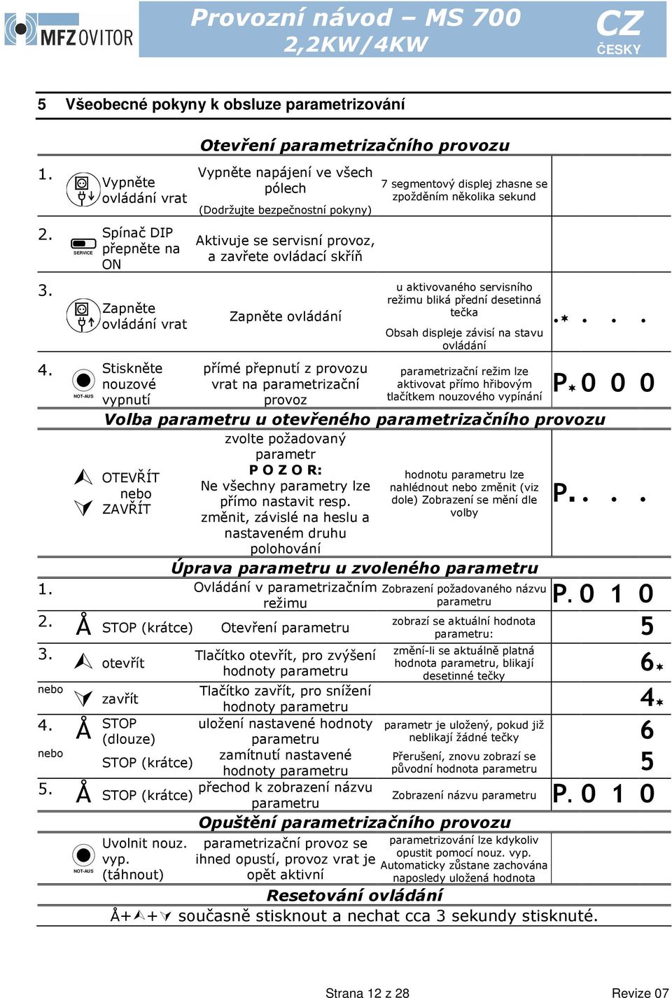 bezpečnostní pokyny) Aktivuje se servisní provoz, a zavřete ovládací skříň Zapněte ovládání přímé přepnutí z provozu vrat na parametrizační provoz 7 segmentový displej zhasne se zpožděním několika