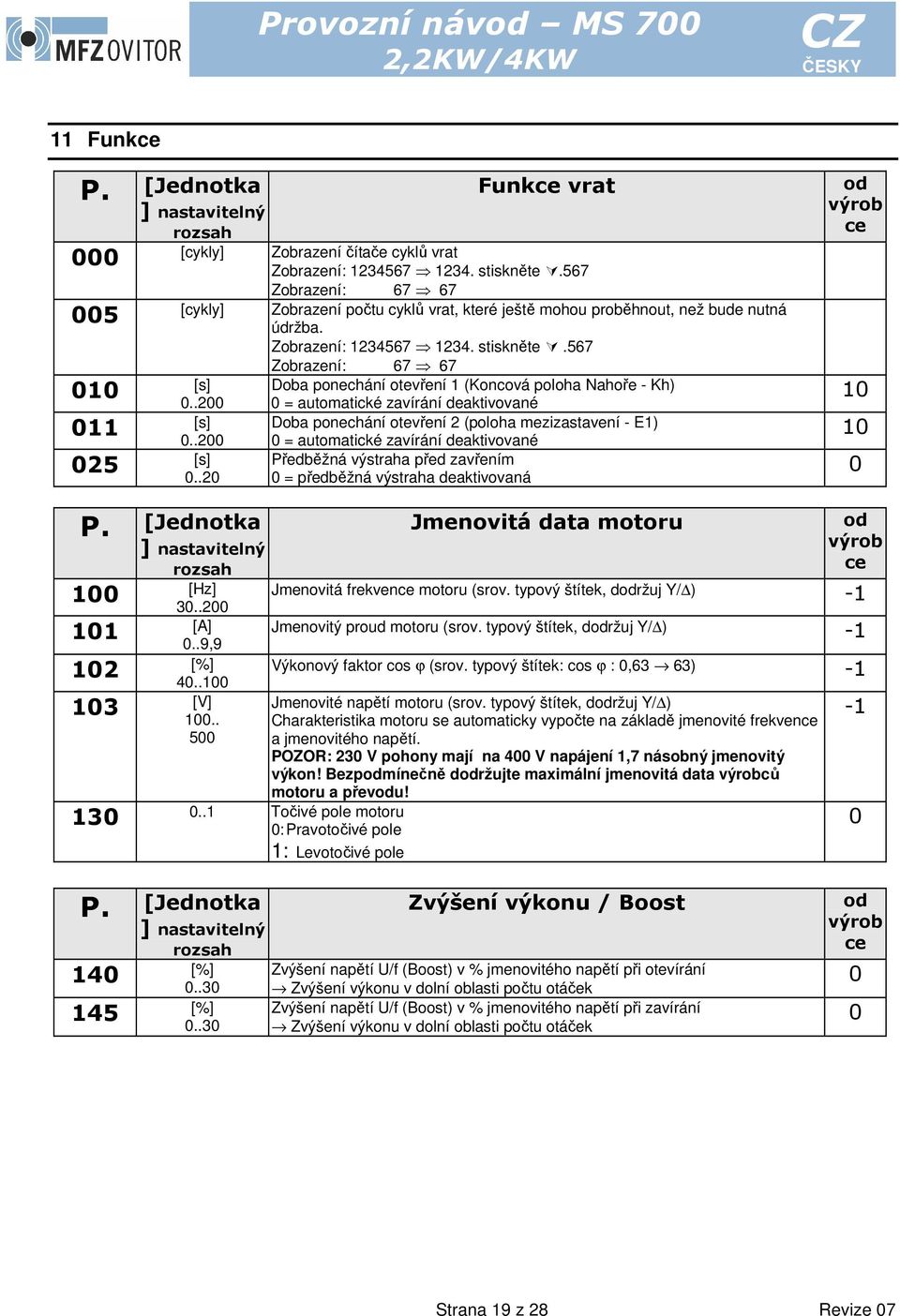 .20 Zobrazení: 67 67 Doba ponechání otevření 1 (Koncová poloha Nahoře - Kh) 0 = automatické zavírání deaktivované Doba ponechání otevření 2 (poloha mezizastavení - E1) 0 = automatické zavírání