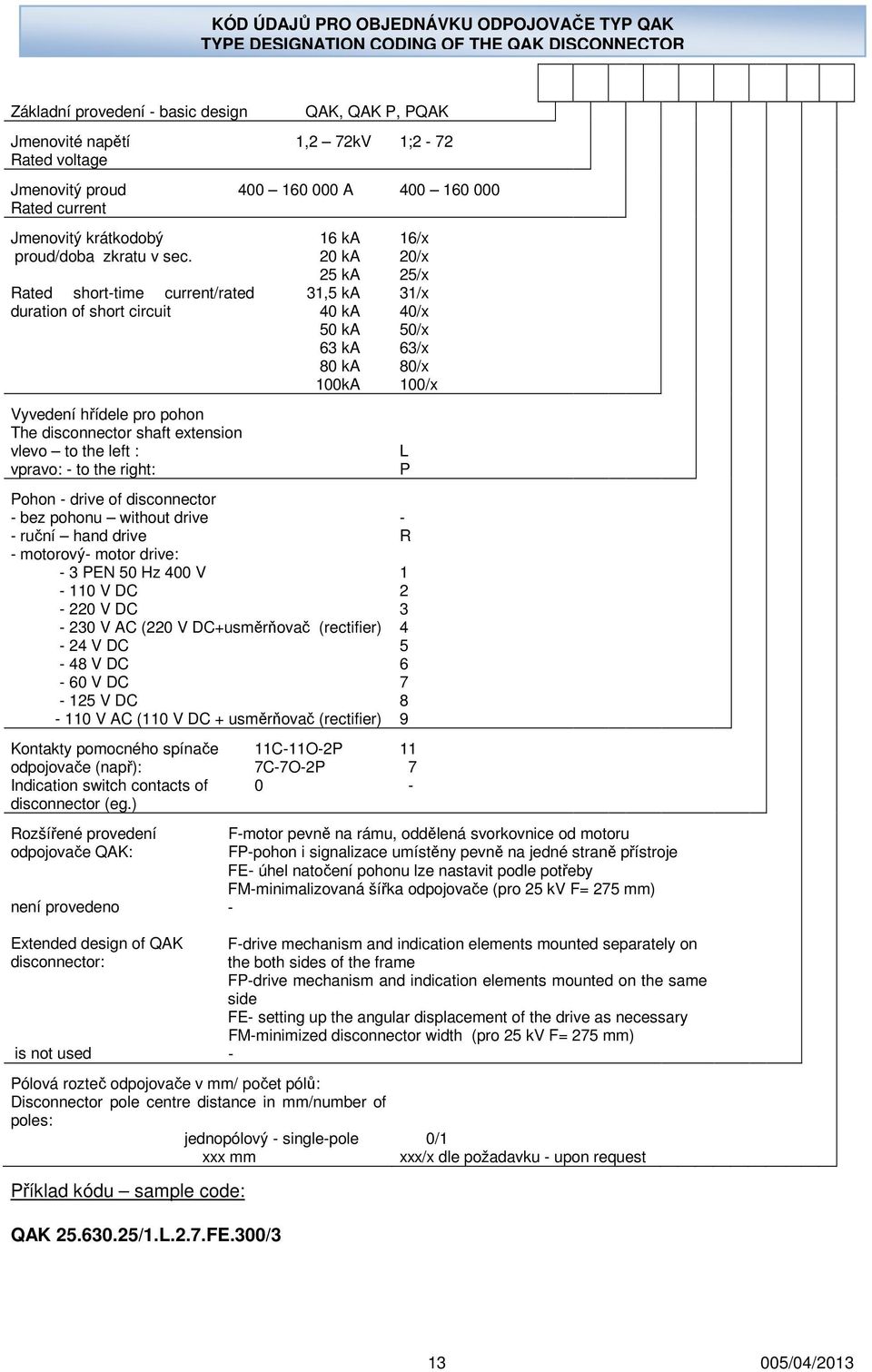 Rated shorttime current/rated duration of short circuit Vyvedení hřídele pro pohon The disconnector shaft extension vlevo to the left : vpravo: to the right: QAK, QAK P, PQAK 1,2 2kV 400 160 000 A 16