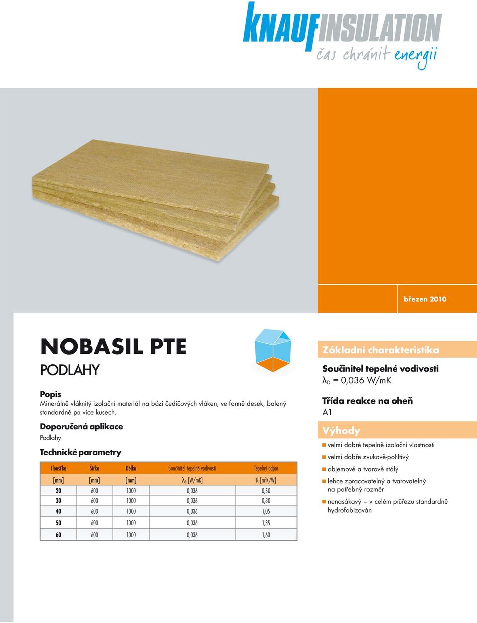 1000 0,036 0,80 40 600 1000 0,036 1,05 50 600 1000 0,036 1,35 60 600 1000 0,036 1,60 Základní charakteristika Součinitel tepelné vodivosti λ D = 0,036 W/mK Třída reakce na oheň A1