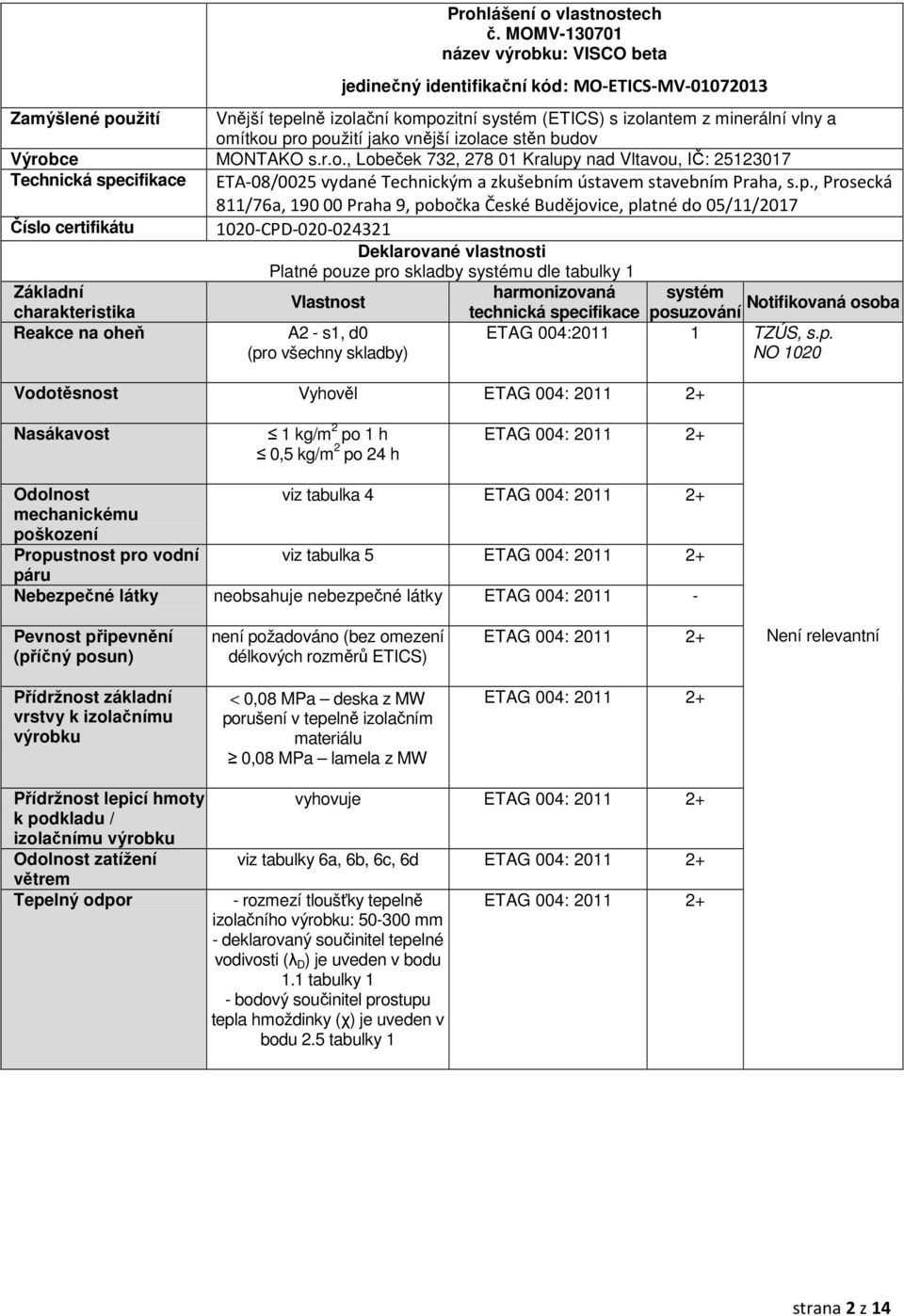 použití jako vnější izolace stěn budov Výrobce MONTAKO s.r.o., Lobeček 732, 278 01 Kralupy nad Vltavou, IČ: 25123017 Technická specifikace ETA08/0025 vydané Technickým a zkušebním ústavem stavebním Praha, s.