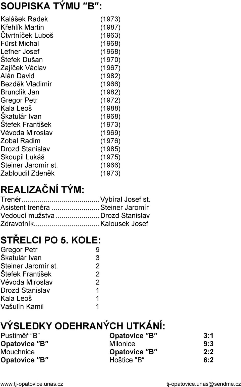 (1975) Steiner Jaromír st. (1966) Zabloudil Zdeněk (1973) REALIZAČNÍ TÝM: Trenér...Vybíral Josef st. Asistent trenéra...steiner Jaromír Vedoucí mužstva...drozd Stanislav Zdravotník.