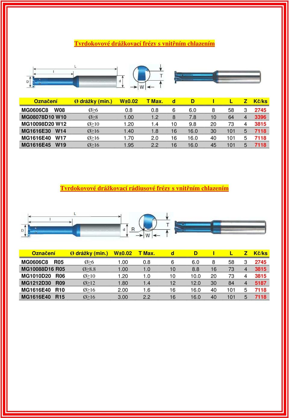 0 45 101 5 7118 Tvrdokovové drážkovací rádiusové frézy s vnitřním chlazením Označení Ø drážky (min.) W±0.02 T Max. d D I L Z Kč/ks MG0606C8 R05 Ø 6 1.00 0.8 6 6.0 8 58 3 2745 MG10088D16 R05 Ø 8.8 1.