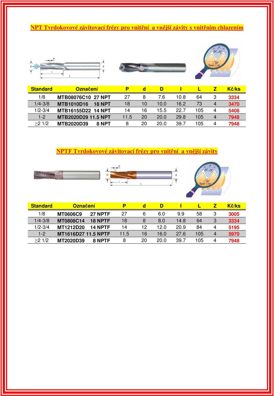 8 105 4 7948 2 1/2 MTB2020D39 8 NPT 8 20 20.0 39.7 105 4 7948 NPTF Tvrdokovové závitovací frézy pro vnitřní a vnější závity 1/8 MT0606C9 27 NPTF 27 6 6.0 9.