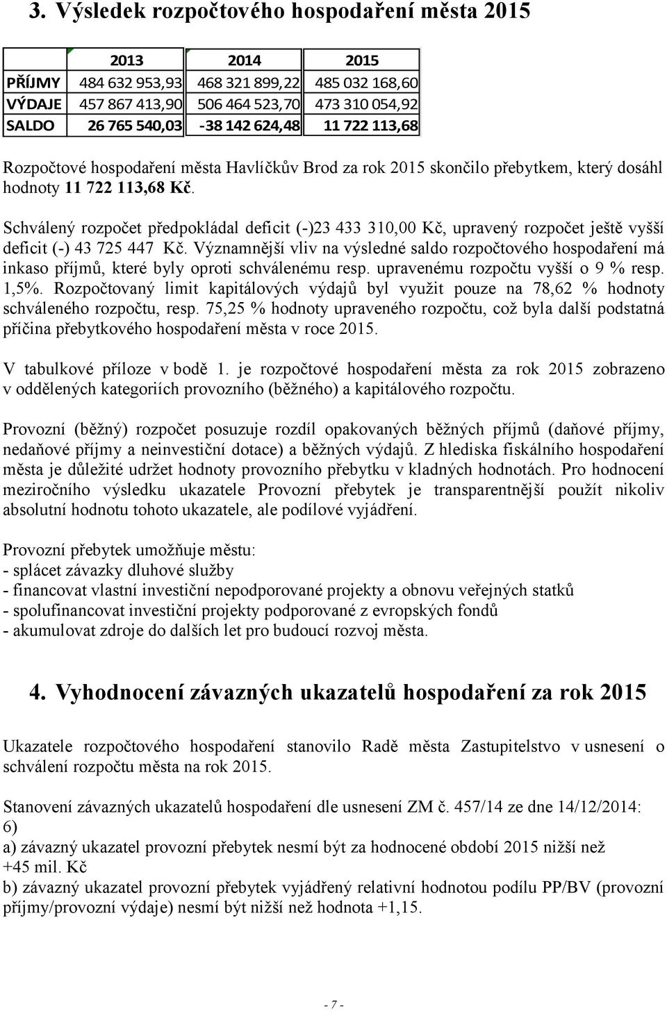 Schválený rozpočet předpokládal deficit (-)23 433 310,00 Kč, upravený rozpočet ještě vyšší deficit (-) 43 725 447 Kč.