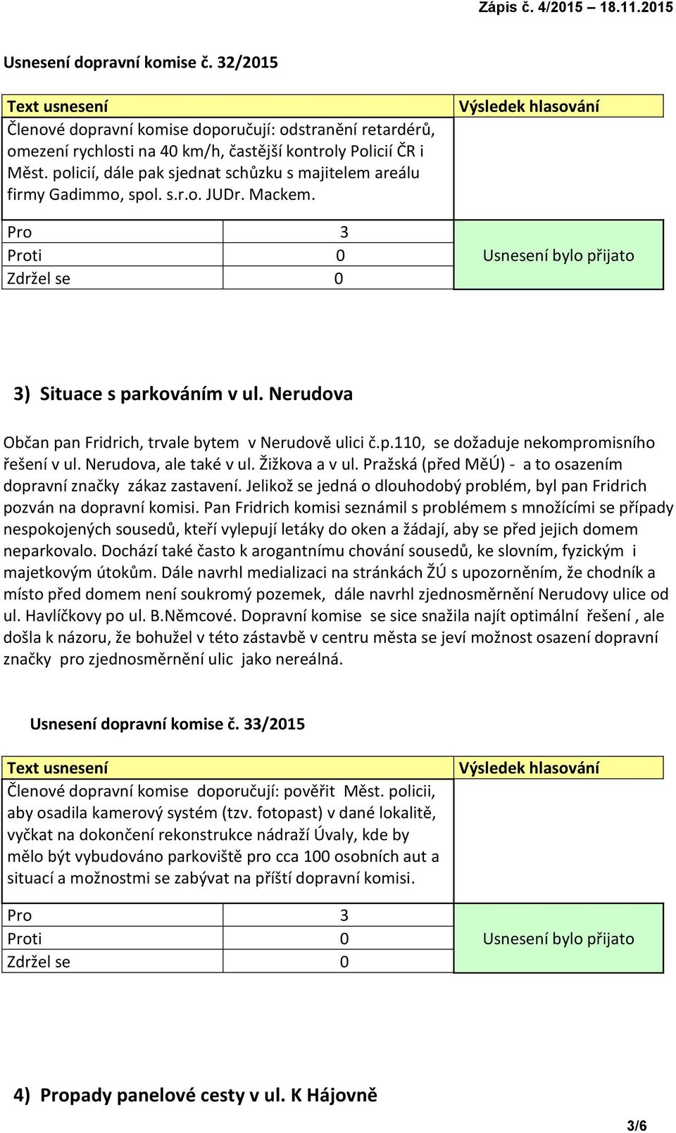 Nerudova, ale také v ul. Žižkova a v ul. Pražská (před MěÚ) - a to osazením dopravní značky zákaz zastavení. Jelikož se jedná o dlouhodobý problém, byl pan Fridrich pozván na dopravní komisi.