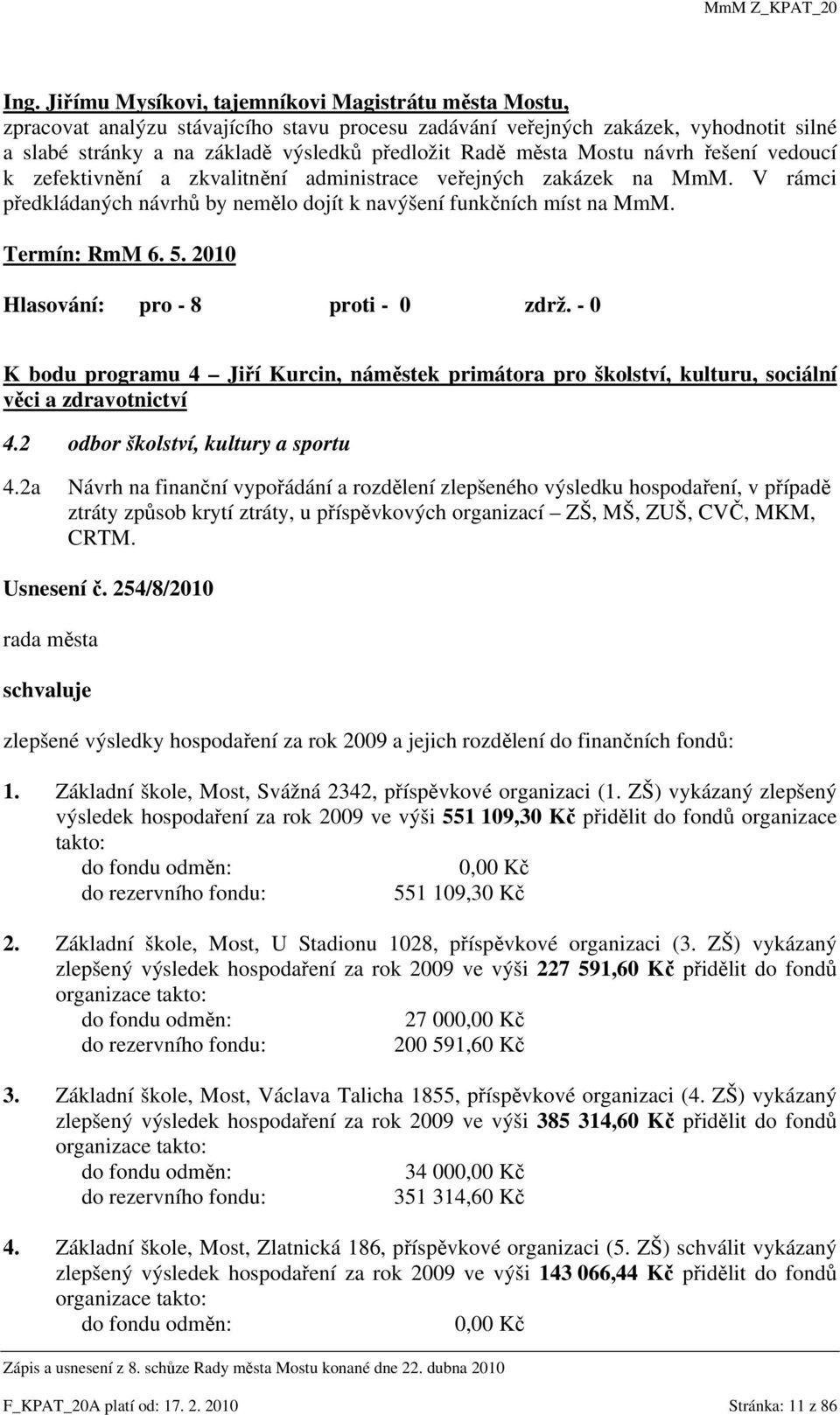 2010 K bodu programu 4 Jiří Kurcin, náměstek primátora pro školství, kulturu, sociální věci a zdravotnictví 4.2 odbor školství, kultury a sportu 4.