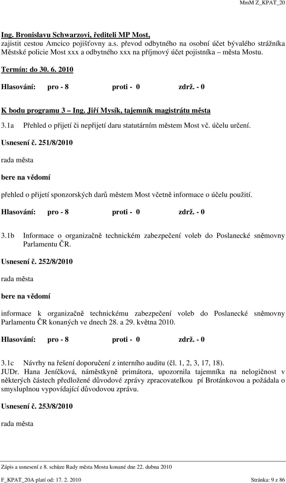 251/8/2010 rada města bere na vědomí přehled o přijetí sponzorských darů městem Most včetně informace o účelu použití. 3.