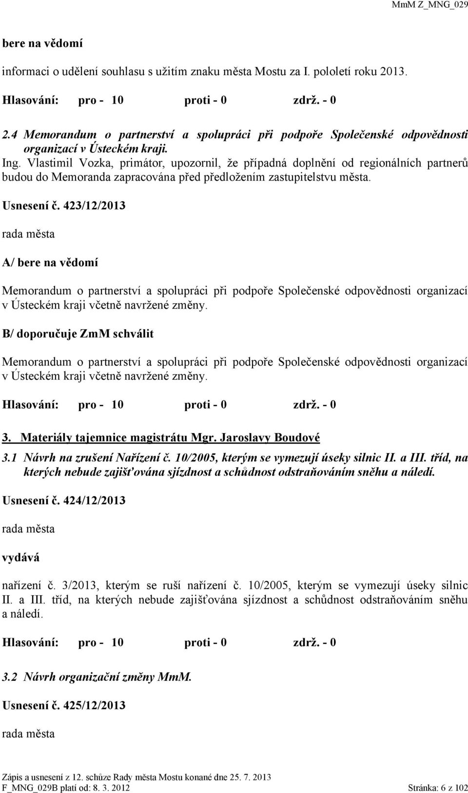 423/12/2013 A/ bere na vědomí Memorandum o partnerství a spolupráci při podpoře Společenské odpovědnosti organizací v Ústeckém kraji včetně navržené změny.