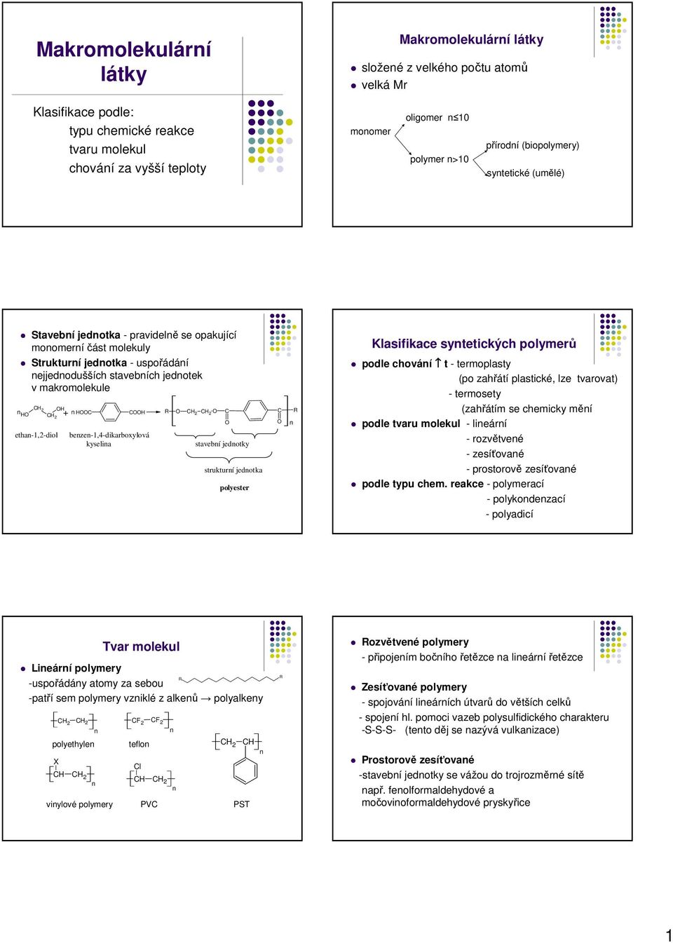 beze-1,4-dikarboxylová kyselia stavebí jedotky strukturí jedotka polyester R Klasifikace sytetických polymerů podle chováí t - termoplasty (po zahřátí plastické, lze tvarovat) - termosety (zahřátím