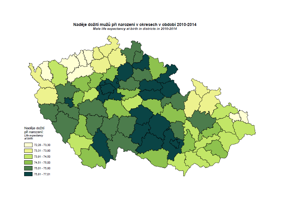 Naděje dožití při narození v období 2010-2014 - muži Okresy MSK + ČR Muži Okres věk 0 45 65 Bruntál 73,5 30,2 15,0 Frýdek-Místek