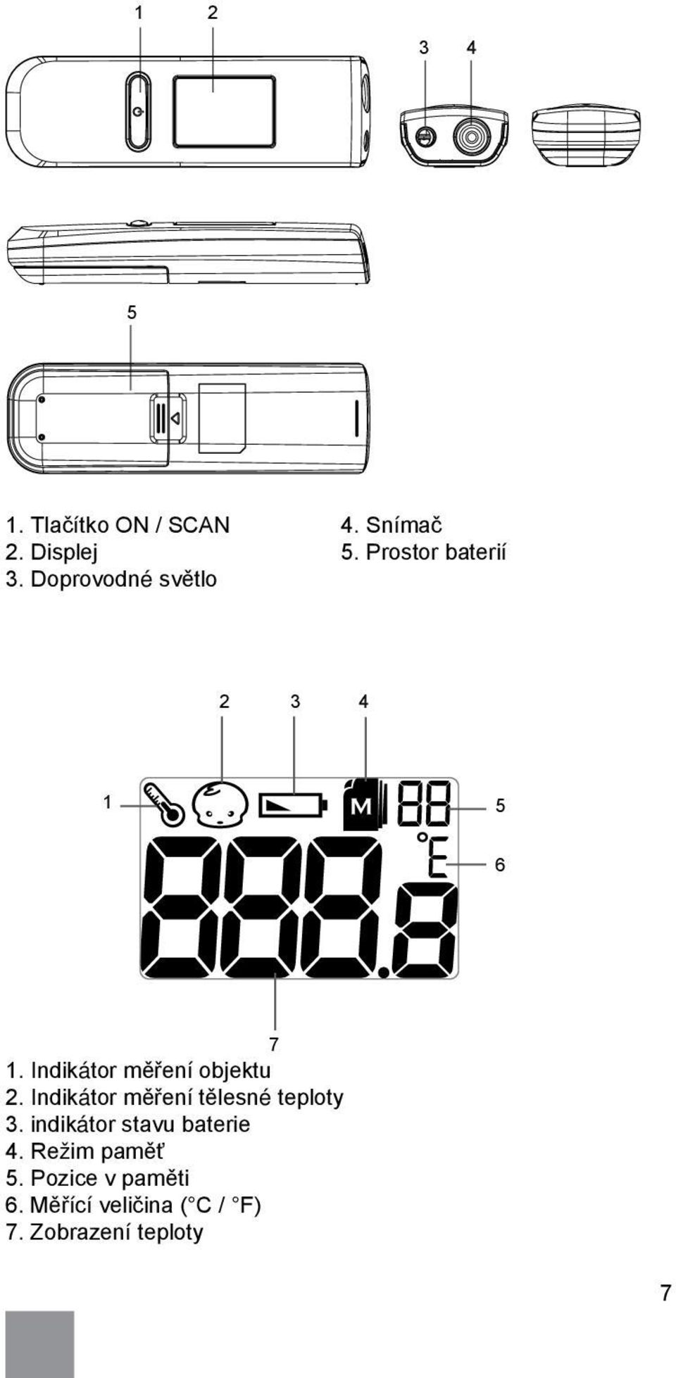Indikátor měření tělesné teploty 3. indikátor stavu baterie 4.