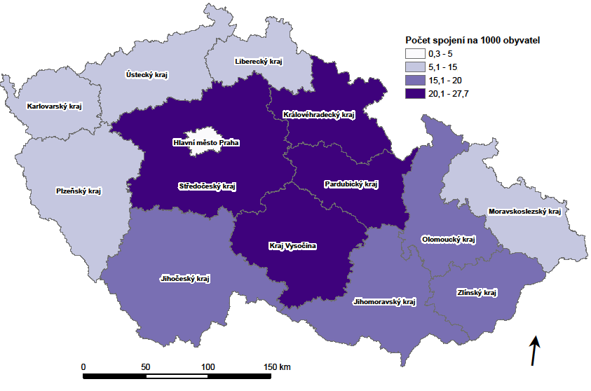 Obr. 2 Počet spojení na 1000 obyvatel pro časový interval 5:00 6:00 (v krajích České republiky, 16. 12. 2014) Obr.