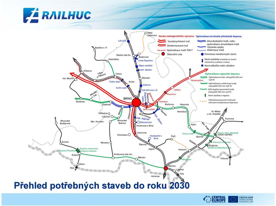 spojky Elektrizace tratě Peronizace koridorových stanic Nové zastávky (zastávky na území města Brna uvedeny v textu) Nová odbočka nebo výhybna Vel.