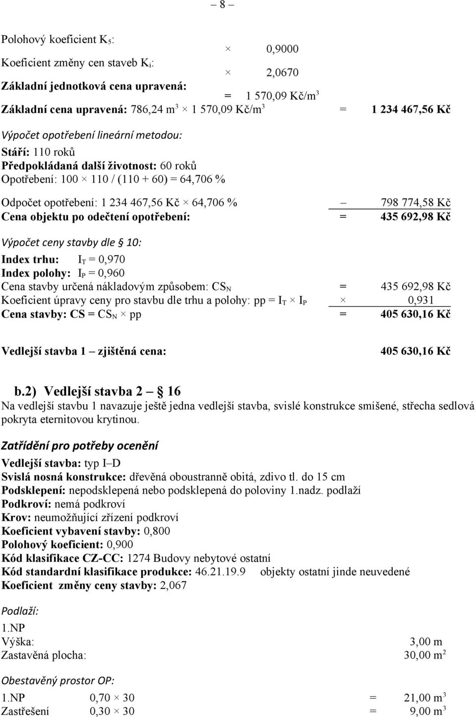 objektu po odečtení opotřebení: = 435 692,98 Kč Výpočet ceny stavby dle 10: Index trhu: I T = 0,970 Index polohy: I P = 0,960 Cena stavby určená nákladovým způsobem: CS N = 435 692,98 Kč Koeficient