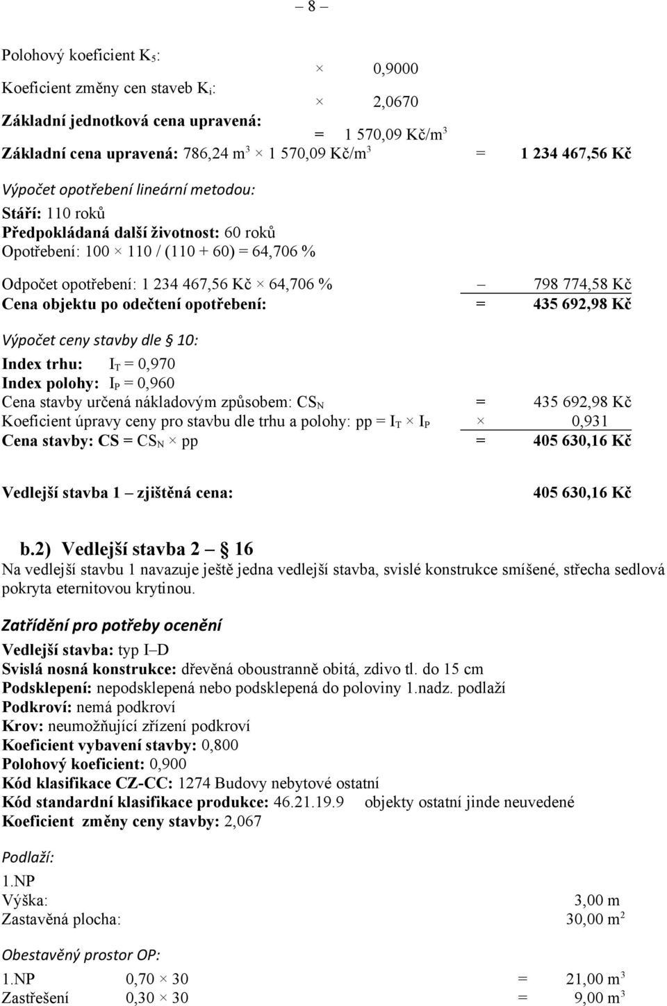 objektu po odečtení opotřebení: = 435 692,98 Kč Výpočet ceny stavby dle 10: Index trhu: I T = 0,970 Index polohy: I P = 0,960 Cena stavby určená nákladovým způsobem: CS N = 435 692,98 Kč Koeficient