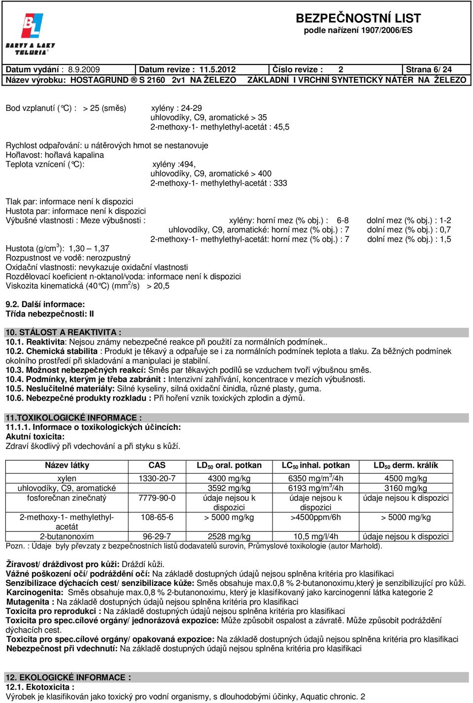 nestanovuje Hořlavost: hořlavá kapalina Teplota vznícení ( C): xylény :494, uhlovodíky, C9, aromatické > 400 2-methoxy-1- methylethyl-acetát : 333 Tlak par: informace není k dispozici Hustota par: