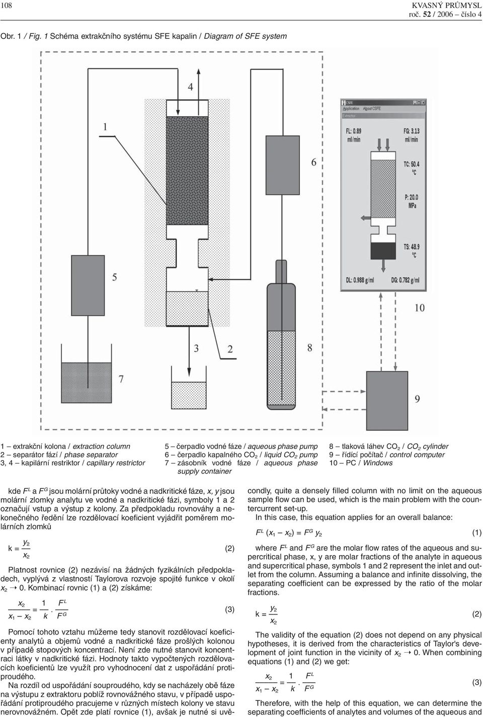 vodné fáze / aqueous phase pump 6 čerpadlo kapalného CO 2 / liquid CO 2 pump 7 zásobník vodné fáze / aqueous phase supply container 8 tlaková láhev CO 2 / CO 2 cylinder 9 řídící počítač / control