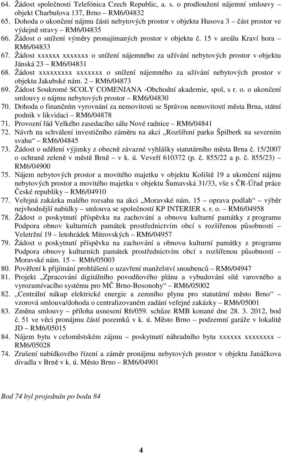 15 v areálu Kraví hora RM6/04833 67. Žádost xxxxxx xxxxxxx o snížení nájemného za užívání nebytových prostor v objektu Jánská 23 RM6/04831 68.