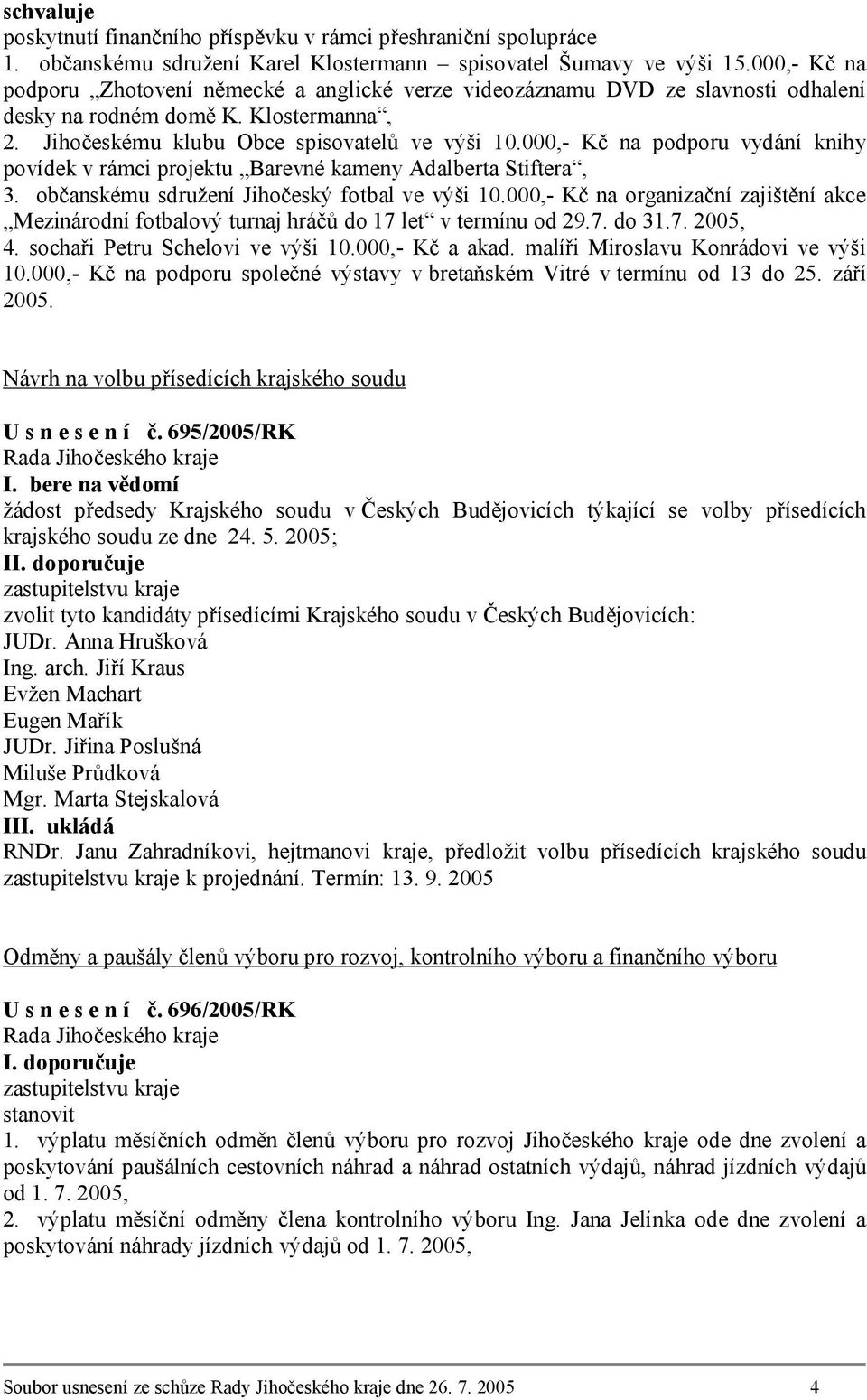 000,- Kč na podporu vydání knihy povídek v rámci projektu Barevné kameny Adalberta Stiftera, 3. občanskému sdružení Jihočeský fotbal ve výši 10.