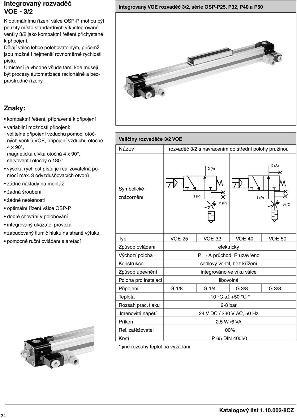 Integrovaný VO rozvaděč 3/2, série OSP-P25, P32, P40 a P50 Znay: ompatní řešení, připravené připojení variabilní možnosti připojení: volitelné připojení vzduchu pomocí otočných ventilů VO, připojení