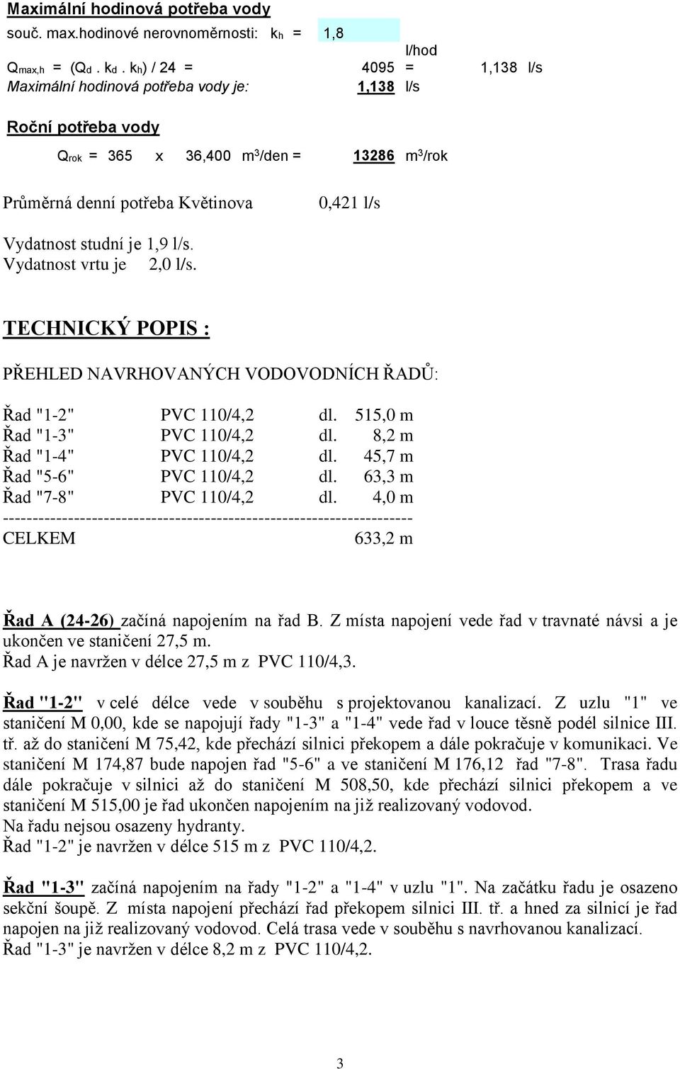 studní je 1,9 l/s. Vydatnost vrtu je 2,0 l/s. TECHNICKÝ POPIS : PŘEHLED NAVRHOVANÝCH VODOVODNÍCH ŘADŮ: Řad "1-2" PVC 110/4,2 dl. 515,0 m Řad "1-3" PVC 110/4,2 dl. 8,2 m Řad "1-4" PVC 110/4,2 dl.