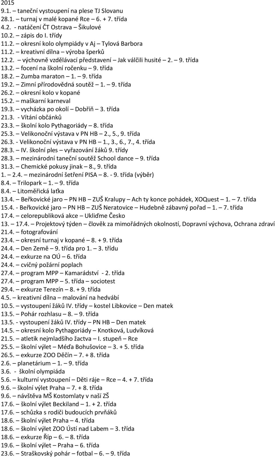 9. třída 26.2. okresní kolo v kopané 15.2. maškarní karneval 19.3. vycházka po okolí Dobříň 3. třída 21.3. - Vítání občánků 23.3. školní kolo Pythagoriády 8. třída 25.3. Velikonoční výstava v PN HB 2.