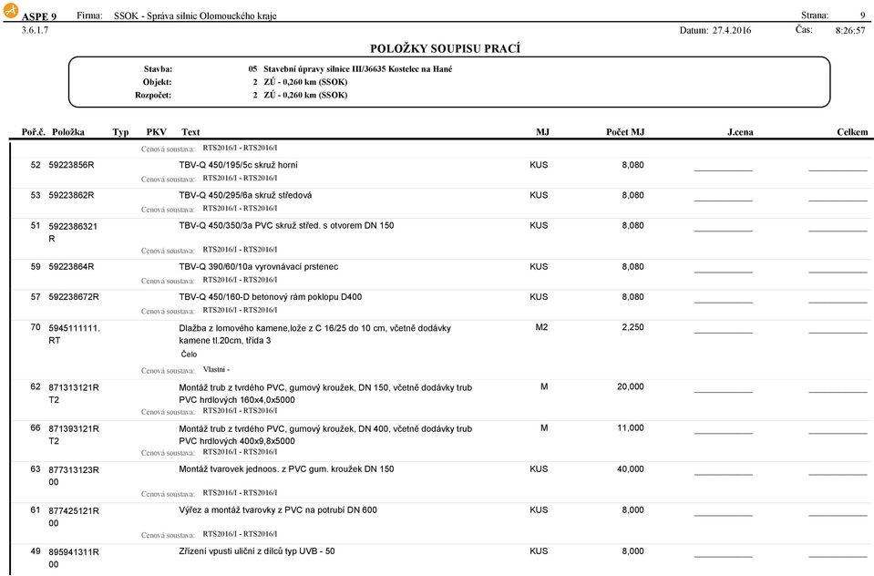 s otvorem DN 150 KUS 8,080 59 59386R TBV-Q 390/60/10a vyrovnávací prstenec KUS 8,080 57 593867R TBV-Q 50/160-D betonový rám poklopu D KUS 8,080 70 595111111.