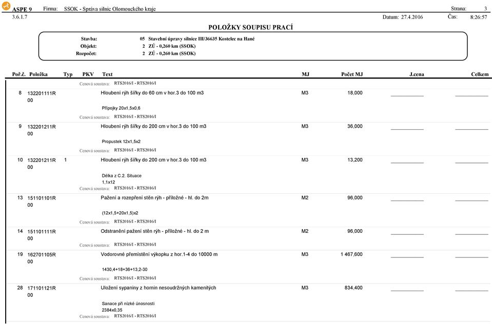 3 do 1 m3 M3 36,0 Propustek 1x1,5x 1 Hloubení rýh šířky do cm v hor.3 do 1 m3 M3 13, Délka z C.. Situace 1,1x1 Pažení a rozepření stěn rýh - příložné - hl.