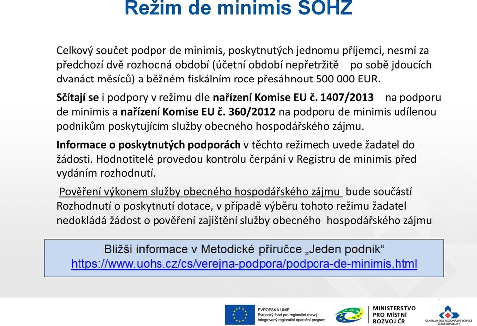 360/2012 na podporu de minimis udílenou podnikům poskytujícím služby obecného hospodářského zájmu. Informace o poskytnutých podporách v těchto režimech uvede žadatel do žádosti.