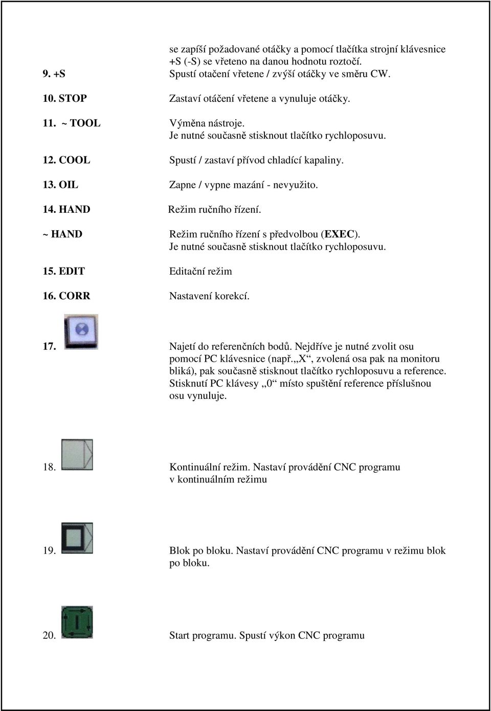 OIL Zapne / vypne mazání - nevyužito. 14. HAND Režim ručního řízení. ~ HAND Režim ručního řízení s předvolbou (EXEC). Je nutné současně stisknout tlačítko rychloposuvu. 15. EDIT Editační režim 16.